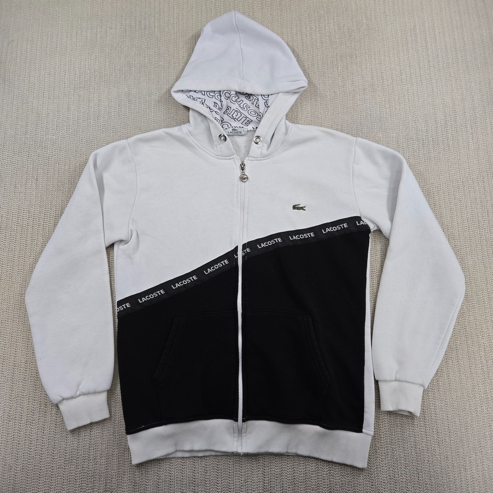 Lacoste Hoodie Sweatshirt Mens Large White Black Colorblock Logo Full Zip